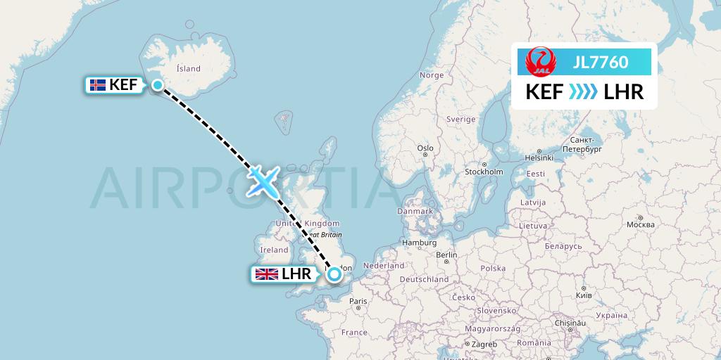 JL7760 Japan Airlines Flight Map: Reykjavik to London