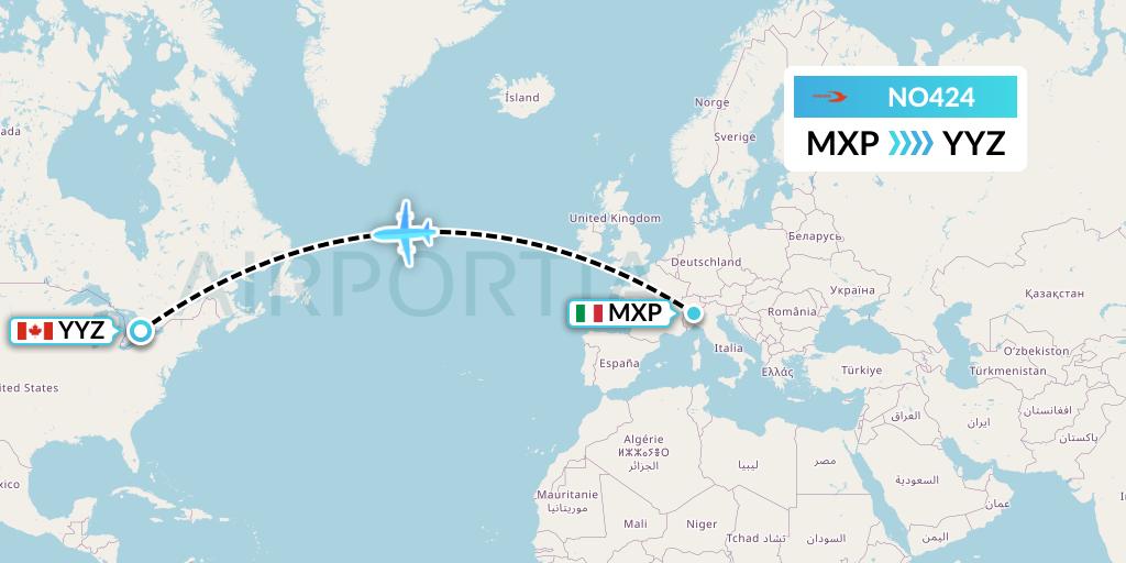 NO424 Neos Flight Map: Milan to Toronto