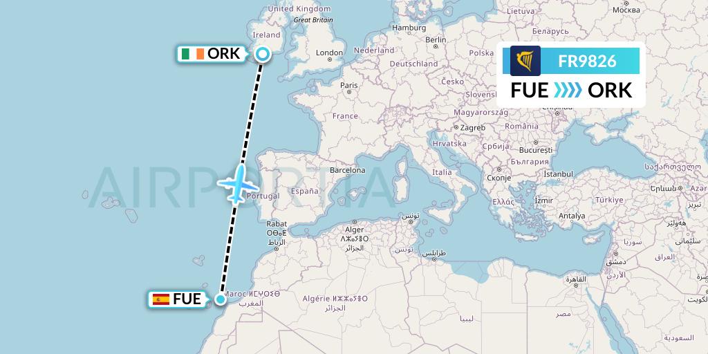 FR9826 Ryanair Flight Map: Fuerteventura to Cork