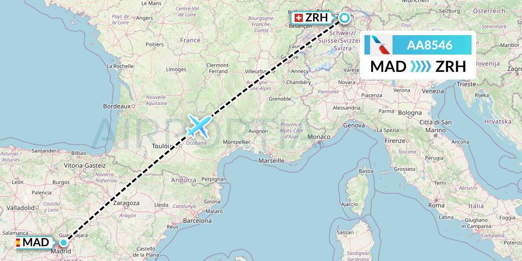 AA8546 American Airlines Flight Map: Madrid to Zurich