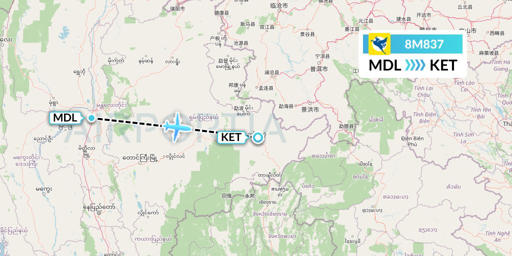 8M837 Myanmar Airways International Flight Map: Mandalay to Kengtung