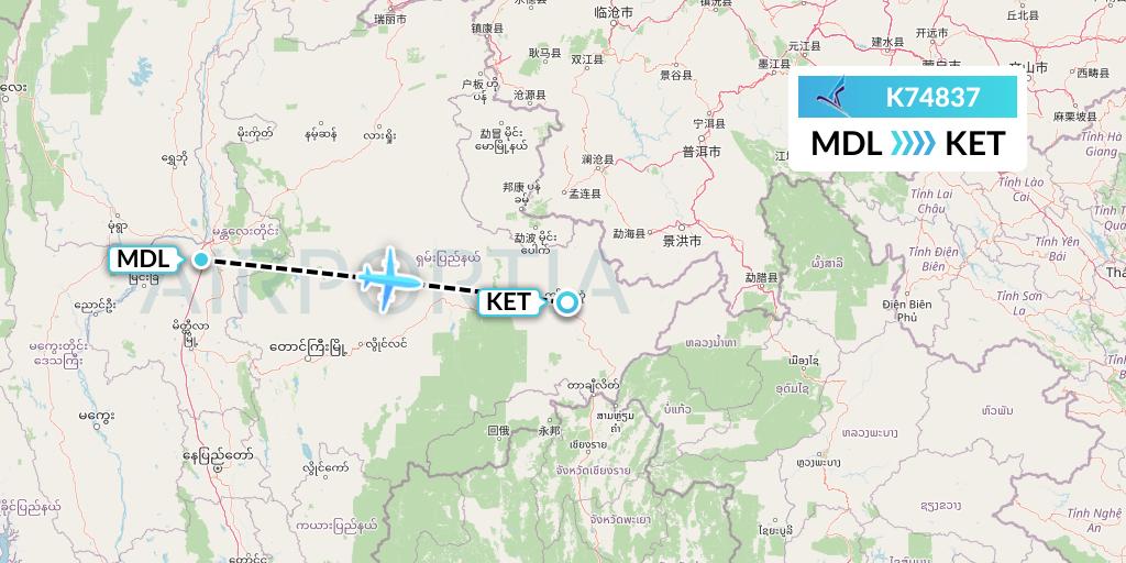 K74837 Air KBZ Flight Map: Mandalay to Kengtung