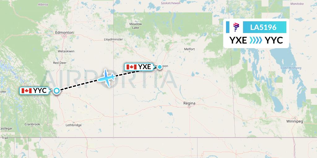 LA5196 LAN Airlines Flight Map: Saskatoon to Calgary