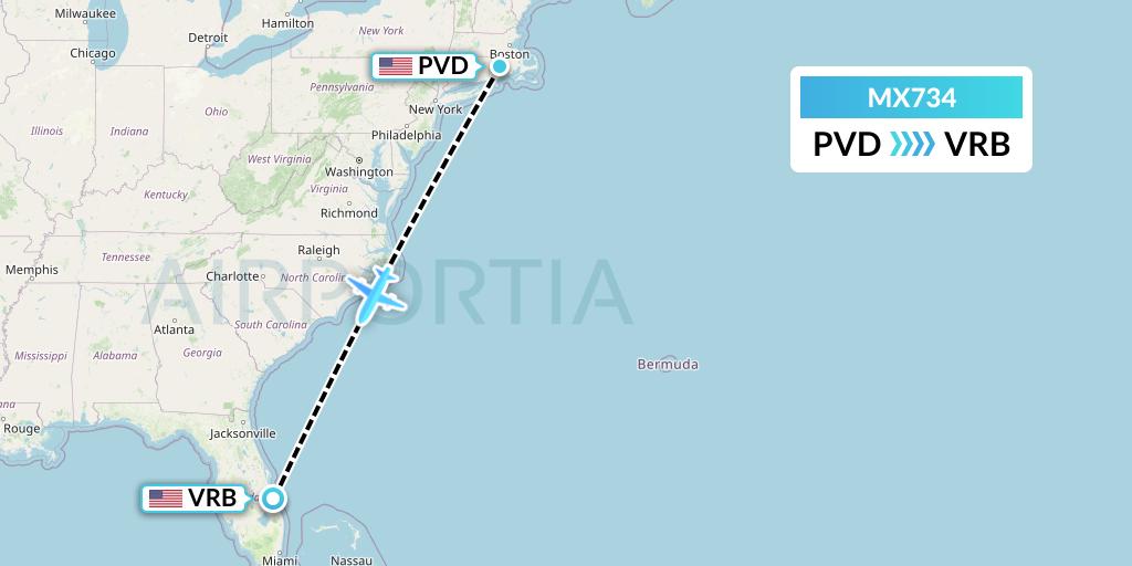 MX734 Breeze Airways Flight Map: Providence to Vero Beach