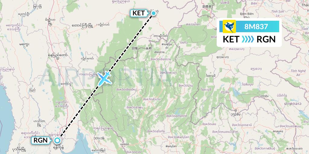 8M837 Myanmar Airways International Flight Map: Kengtung to Yangon