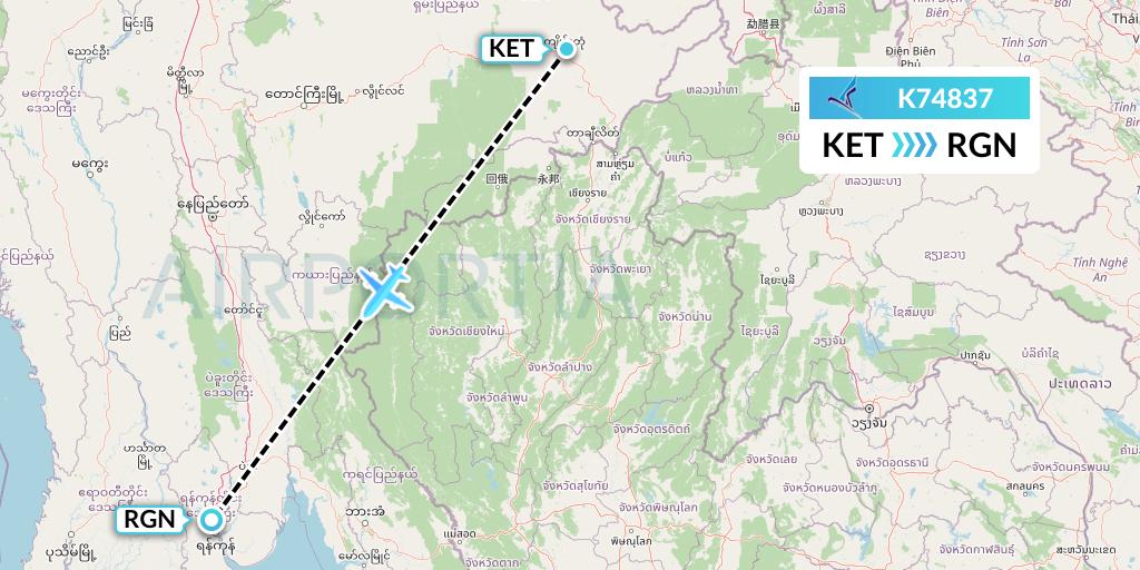 K74837 Air KBZ Flight Map: Kengtung to Yangon