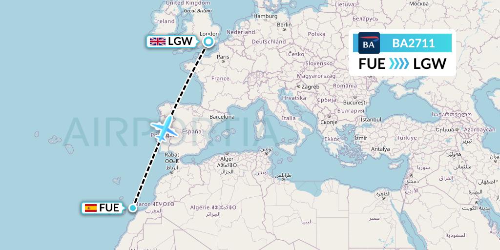 BA2711 British Airways Flight Map: Fuerteventura to London