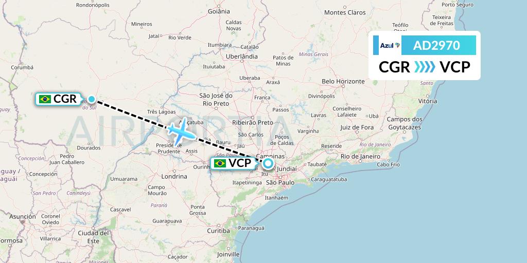 AD2970 Azul Brazilian Airlines Flight Map: Campo Grande to Campinas