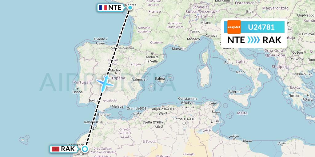 U24781 EasyJet Flight Map: Nantes to Marrakesh 