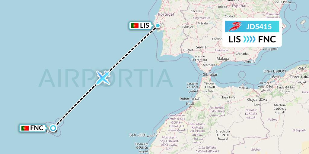JD5415 Capital Airlines Flight Map: Lisbon to Funchal