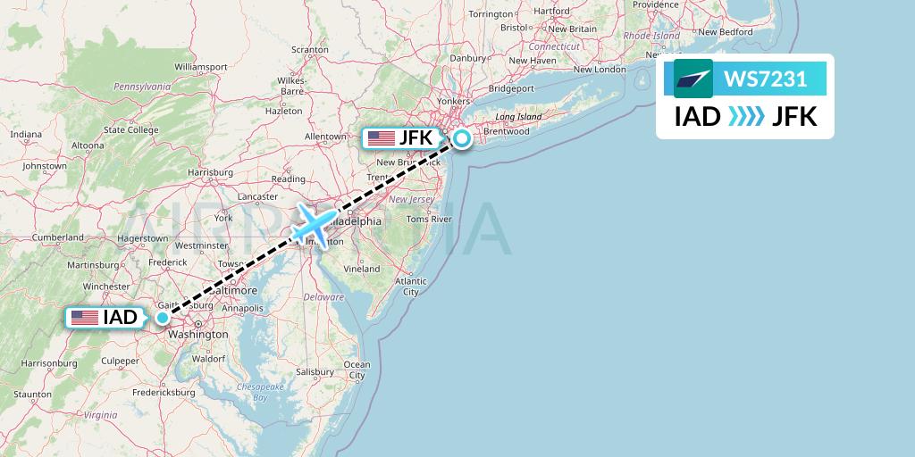 WS7231 WestJet Flight Map: Washington to New York
