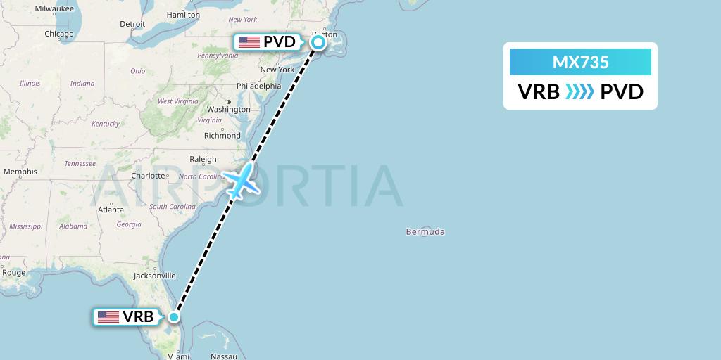 MX735 Breeze Airways Flight Map: Vero Beach to Providence