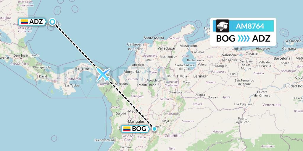 AM8764 Aeromexico Flight Map: Bogota to San Andres Island