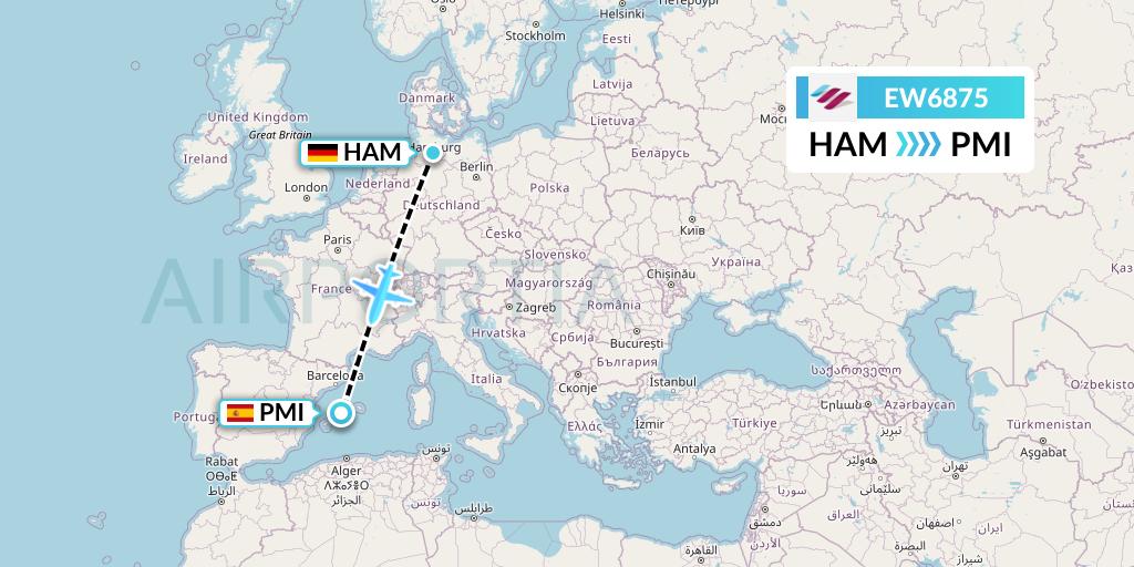 EW6875 Eurowings Flight Map: Hamburg to Palma de Mallorca