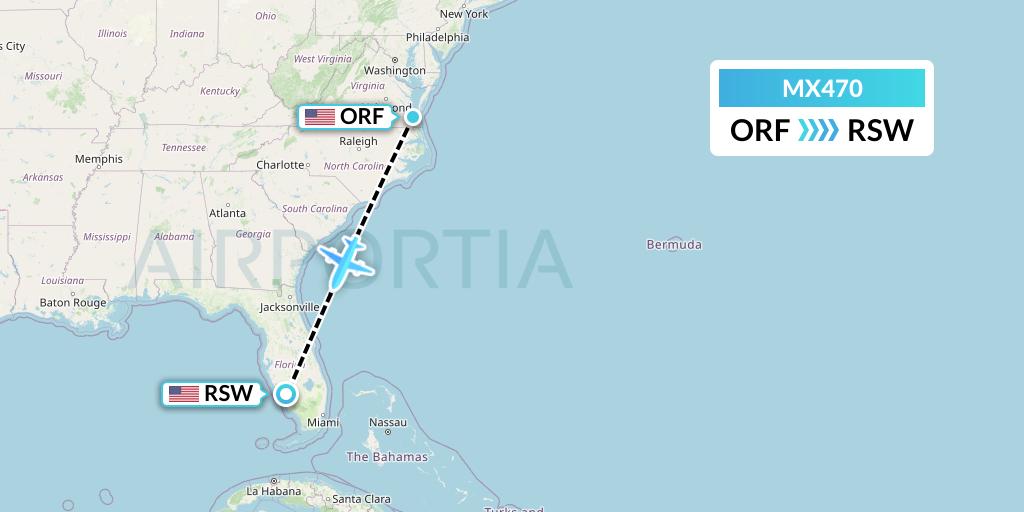 MX470 Breeze Airways Flight Map: Norfolk to Fort Myers