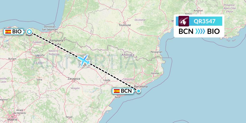 QR3547 Qatar Airways Flight Map: Barcelona to Bilbao