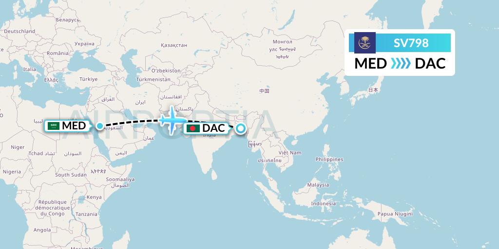 SV798 Saudi Arabian Airlines Flight Map: Medina to Dhaka