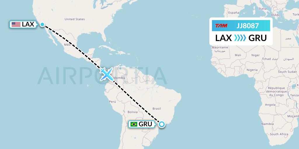 JJ8087 TAM Linhas Aereas Flight Map: Los Angeles to Sao Paulo