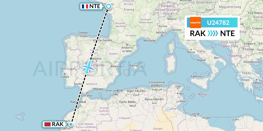 U24782 EasyJet Flight Map: Marrakesh to Nantes