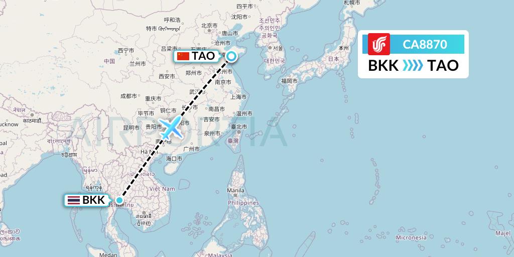 CA8870 Air China Flight Map: Bangkok to Qingdao