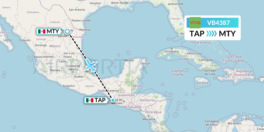 VB4387 VivaAerobus Flight Map: Tapachula to Monterrey