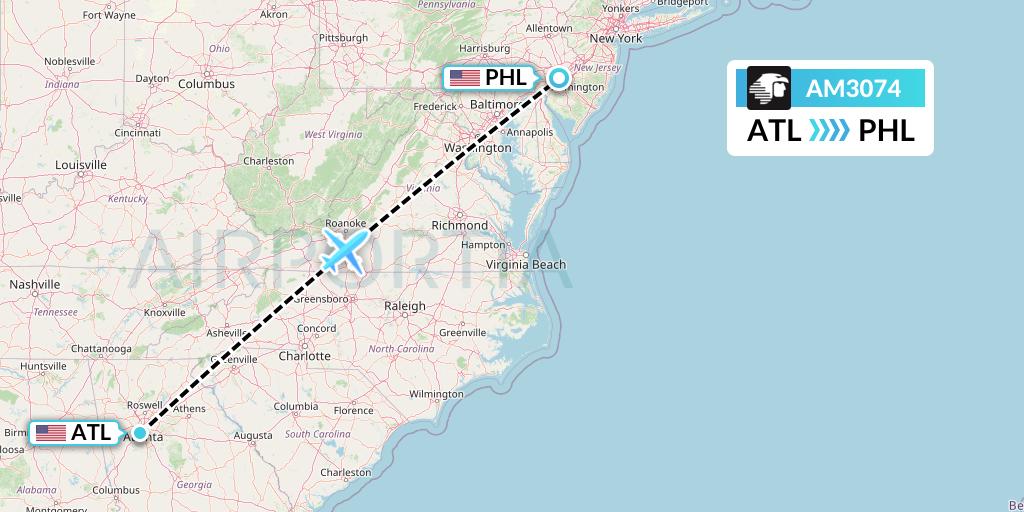 AM3074 Aeromexico Flight Map: Atlanta to Philadelphia
