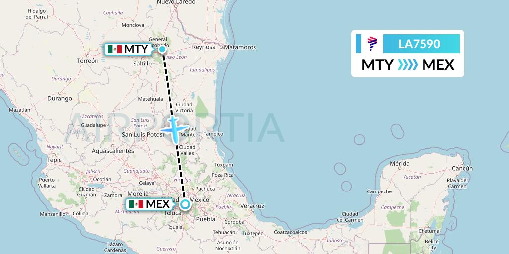 LA7590 LAN Airlines Flight Map: Monterrey to Mexico City
