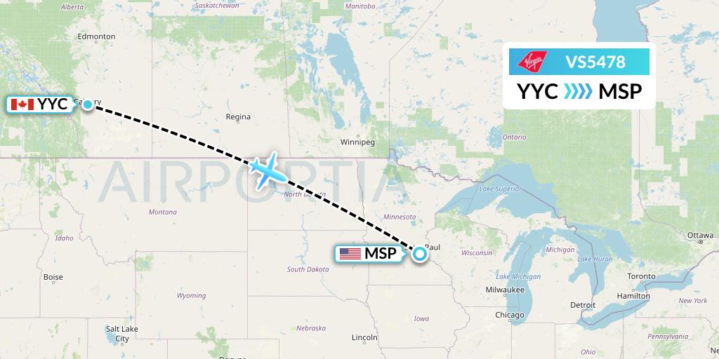 VS5478 Virgin Atlantic Airways Flight Map: Calgary to Minneapolis