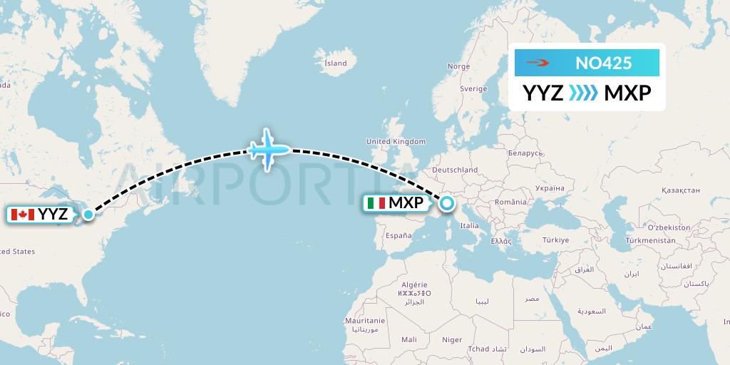 NO425 Neos Flight Map: Toronto to Milan