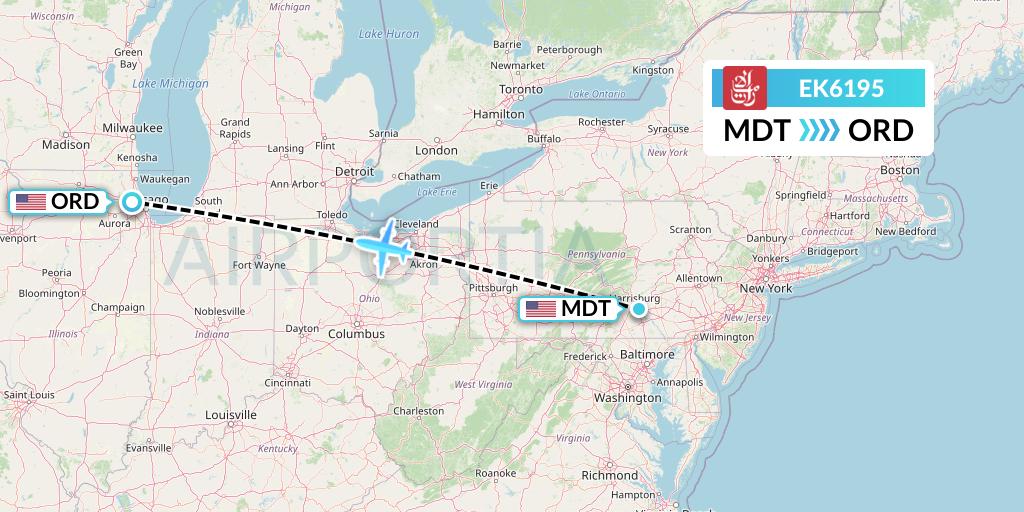 EK6195 Emirates Flight Map: Harrisburg to Chicago