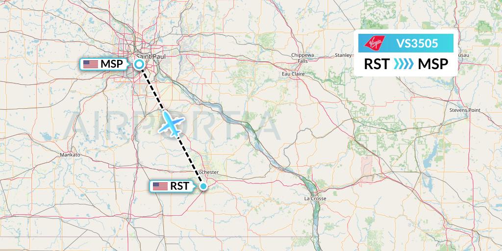 VS3505 Virgin Atlantic Airways Flight Map: Rochester to Minneapolis