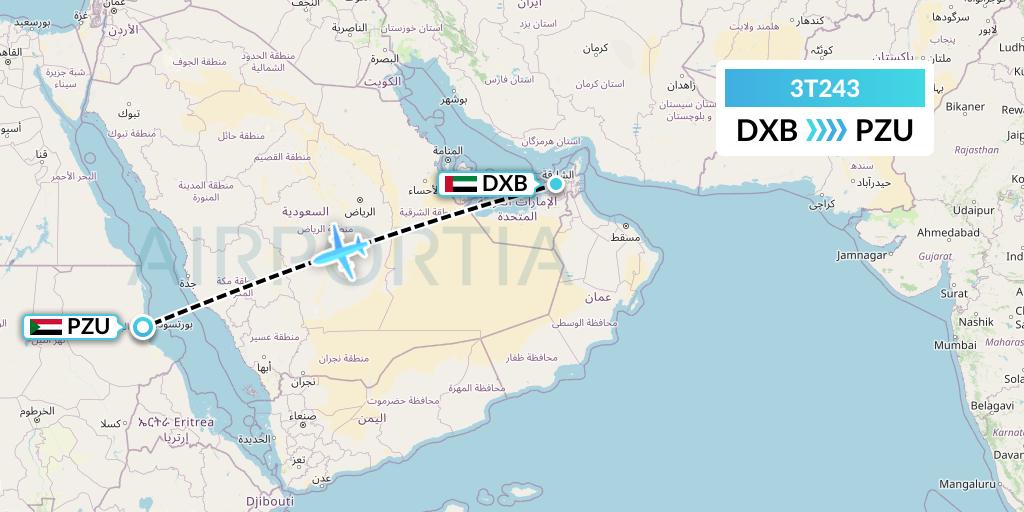3T243 Tarco Airlines Flight Map: Dubai to Port Sudan