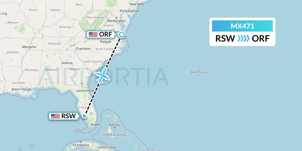 MX471 Breeze Airways Flight Map: Fort Myers to Norfolk