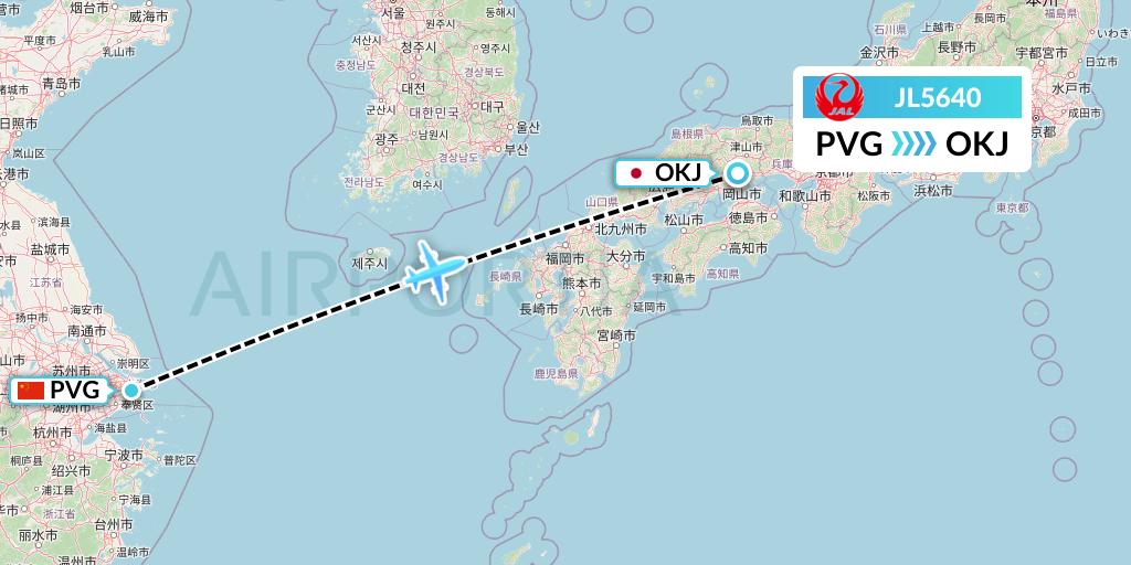 JL5640 Japan Airlines Flight Map: Shanghai to Okayama