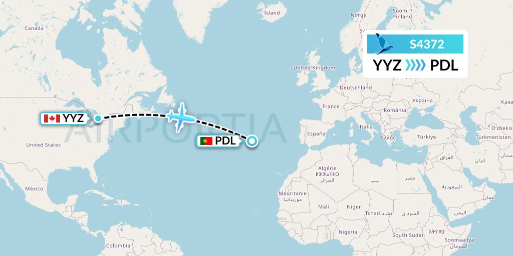 S4372 Azores Airlines Flight Map: Toronto to Ponta Delgada