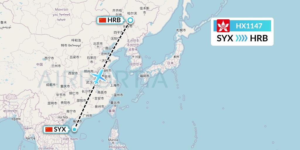 HX1147 Hong Kong Airlines Flight Map: Sanya to Harbin