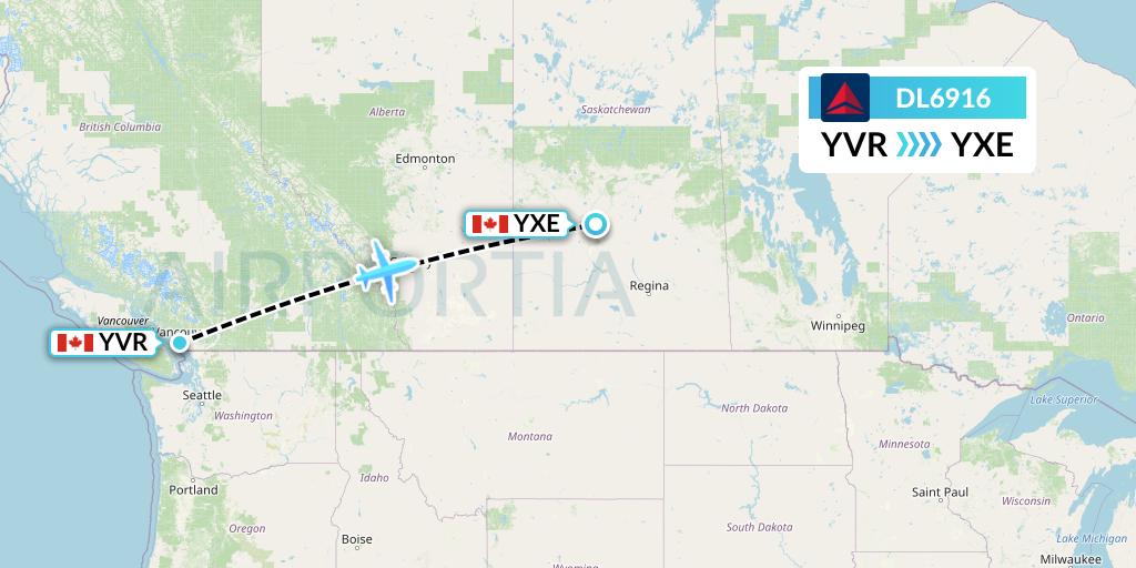 DL6916 Delta Air Lines Flight Map: Vancouver to Saskatoon