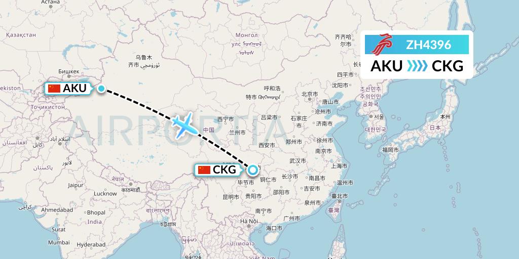 ZH4396 Shenzhen Airlines Flight Map: Aksu to Chongqing