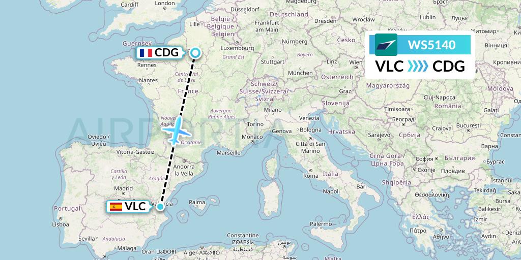 WS5140 WestJet Flight Map: Valencia to Paris