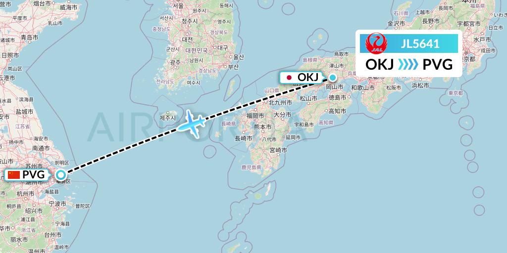 JL5641 Japan Airlines Flight Map: Okayama to Shanghai