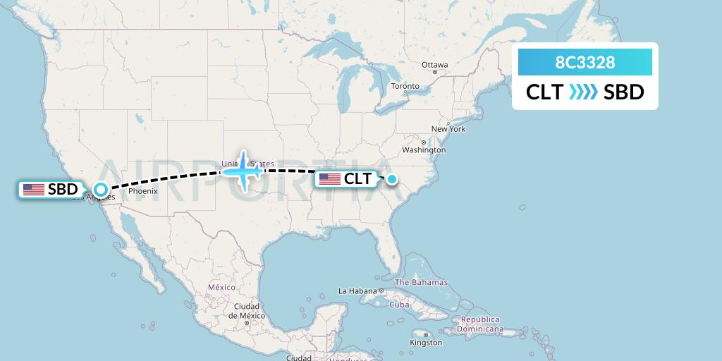 8C3328 Air Transport International Flight Map: Charlotte to San Bernardino