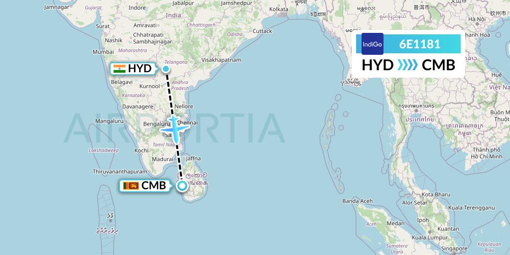 6E1181 IndiGo Airlines Flight Map: Hyderabad to Colombo