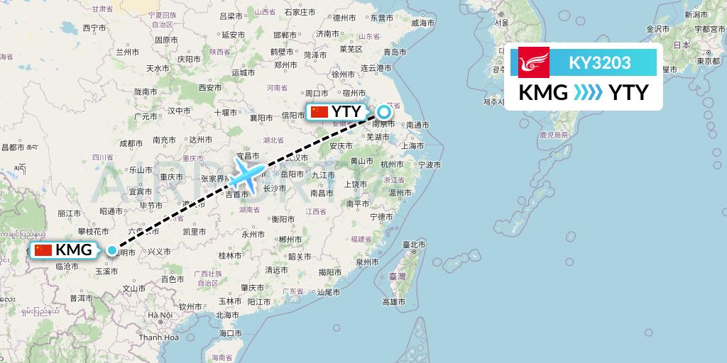 KY3203 Kunming Airlines Flight Map: Kunming to Yangzhou