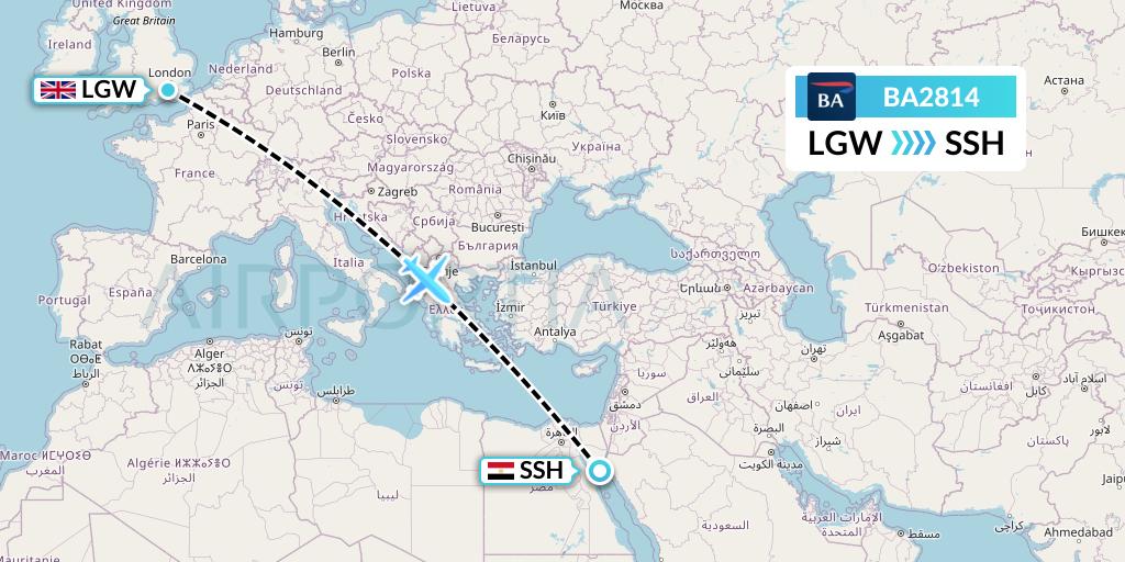 BA2814 British Airways Flight Map: London to Sharm el-Sheikh