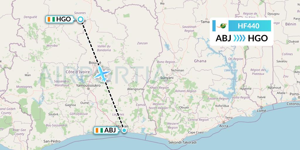 HF440 Air Cote d'Ivoire Flight Map: Abidjan to Ivory Coast