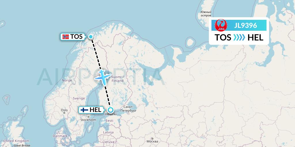 JL9396 Japan Airlines Flight Map: Tromso to Helsinki