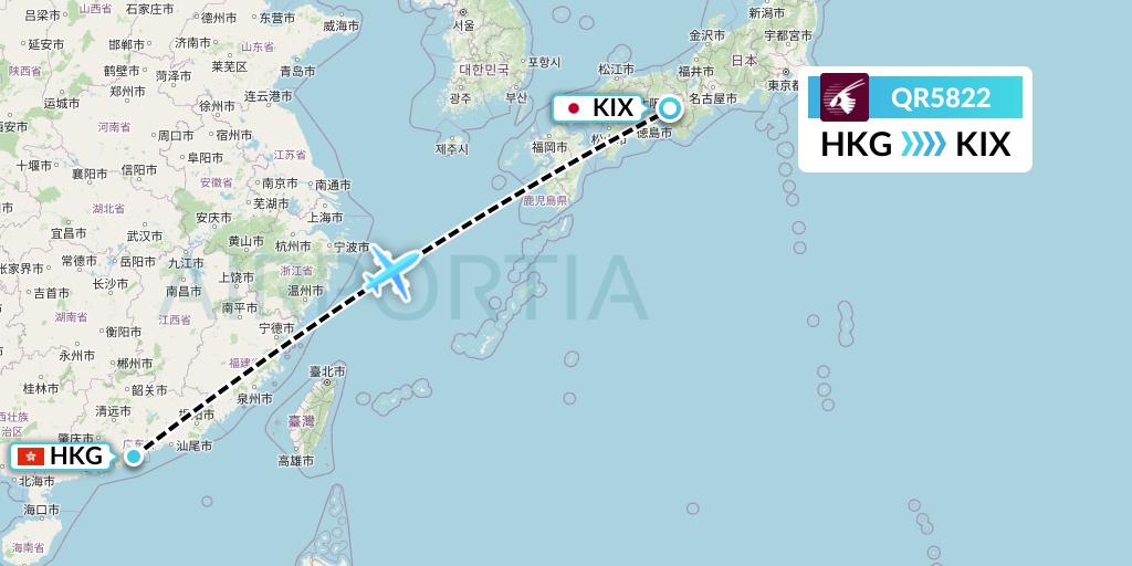 QR5822 Qatar Airways Flight Map: Hong Kong to Osaka