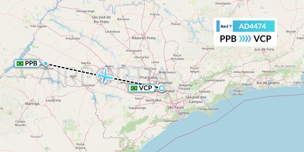 AD4474 Azul Brazilian Airlines Flight Map: Presidente Prudente to Campinas