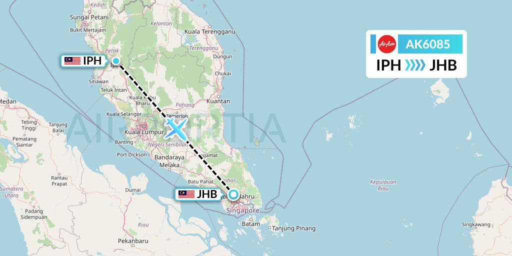 AK6085 AirAsia Flight Map: Ipoh to Johor Bahru