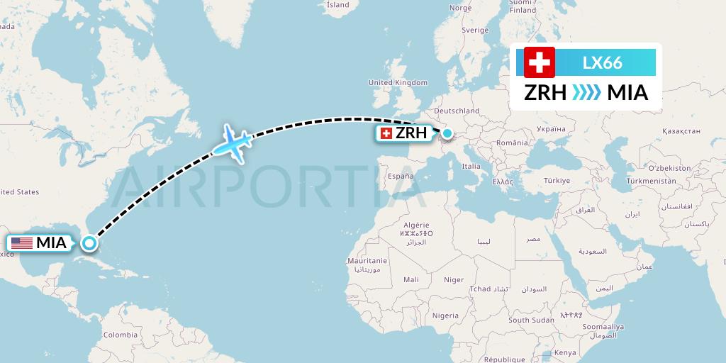 LX66 Swiss Flight Map: Zurich to Miami
